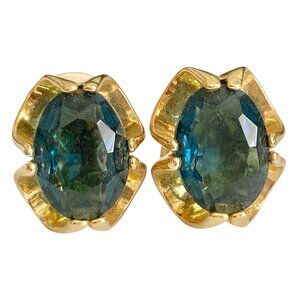 Vintage Montana Blue Glass Clip On Earrings Jeweled Cut Gold Plated Huggie 70s